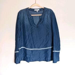 Plus size denim Blouse with white lace trim
